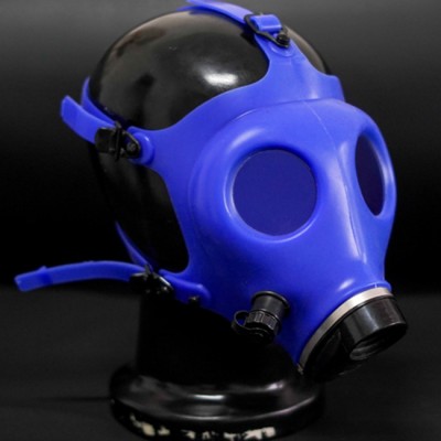 (FE01-B)Quality latex rubber half head conquer blue gas mask fetish hood accessory breathing control equipment latex fetish wear